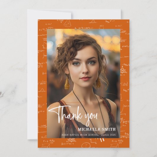 Carte De Remerciements Modern Orange Math Script Photo Graduation (Devant)