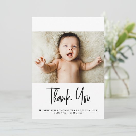 Carte De Remerciements Modern Photo Baby with Newborn Birth stats Message (Debout devant)