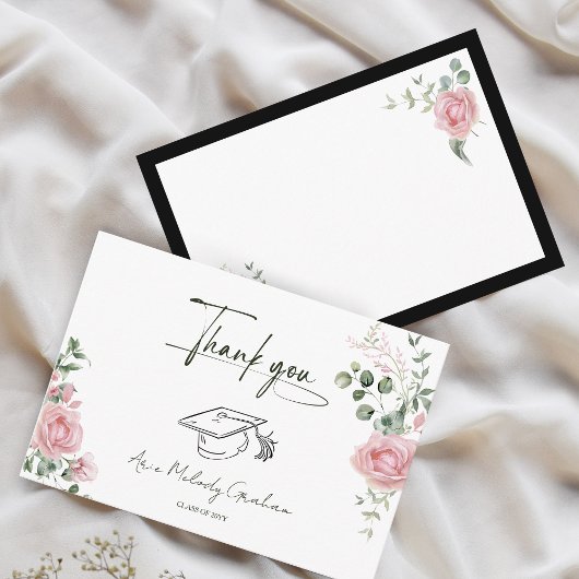 Carte De Remerciements Modern Pink Roses Script Graduation