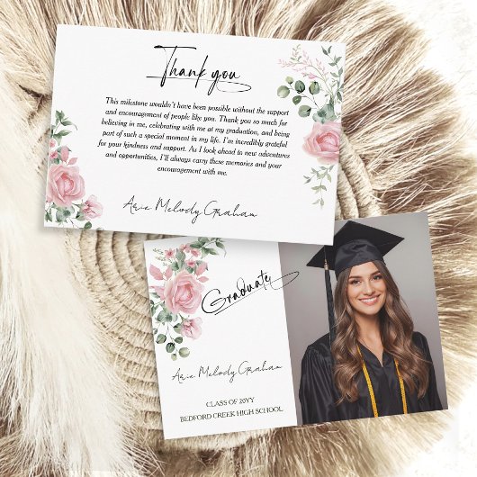 Carte De Remerciements Modern Pink Roses Script Graduation Photo
