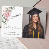 Carte De Remerciements Modern Pink Roses Script Graduation Photo