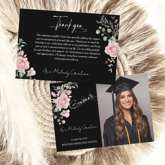 Carte De Remerciements Modern Pink Roses Script Graduation Photo