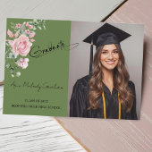 Carte De Remerciements Modern Pink Roses Script Graduation Photo