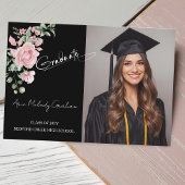 Carte De Remerciements Modern Pink Roses Script Graduation Photo