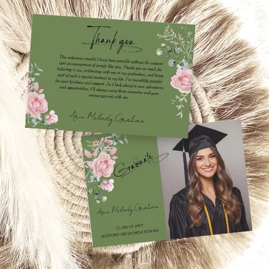 Carte De Remerciements Modern Pink Roses Script Graduation Photo