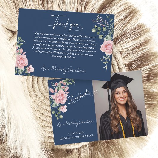 Carte De Remerciements Modern Pink Roses Script Graduation Photo