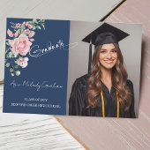 Carte De Remerciements Modern Pink Roses Script Graduation Photo