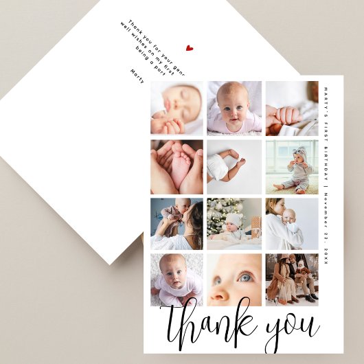 Carte De Remerciements Modern Script 12 Photo Collage First Birthday