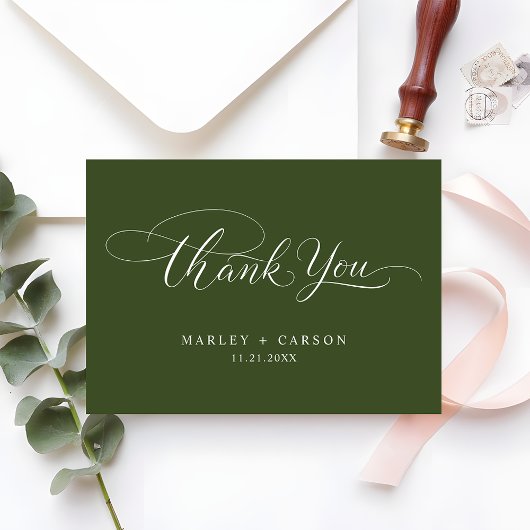 Carte De Remerciements Modern Script Calligraphy Olive Green Wedding