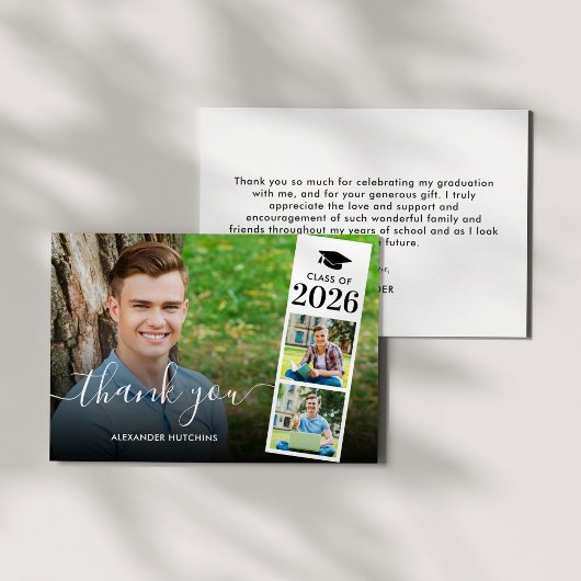 Carte De Remerciements Modern Script Overlay 3 Photo Graduation