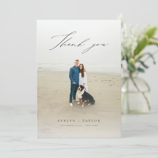 Carte De Remerciements Modern Script Photo Overlay Wedding Message (Debout devant)