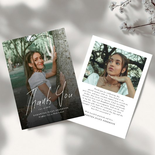 Carte De Remerciements Modern Script Simple Photo Graduation 