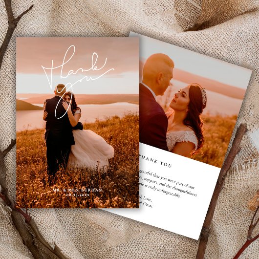 Carte De Remerciements Modern Simple Script Wedding Photo