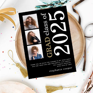 Carte De Remerciements Moderne 3 photo Gras Texte 2023 Graduation noire