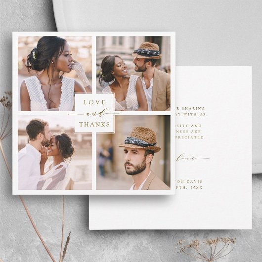 Carte De Remerciements Moderne 4 Photo Collage Gold Carré Mariage