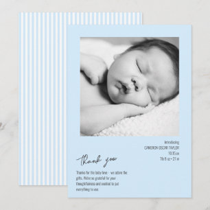 Carte De Remerciements Moderne Bébé Minimaliste Rayure Photo Bleu Naissan