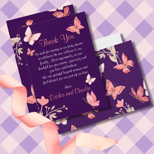 Carte De Remerciements Moderne Chic Floral Papillons Rose Baby shower Le