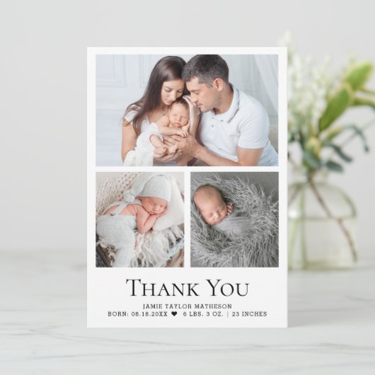 Carte De Remerciements Moderne Custom Baby 3 Photos Statistiques de naiss (Debout devant)