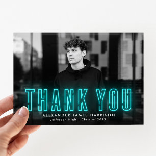 Carte De Remerciements Moderne Cyan Neon Photo Graduation
