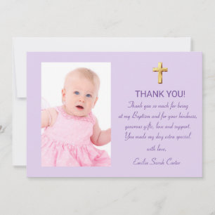 Carte De Remerciements Moderne Élégant Purple Gold Cross Girl Baptism