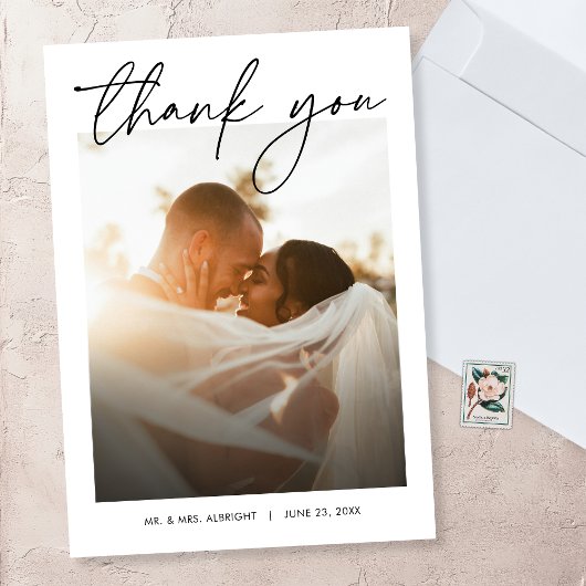 Carte De Remerciements Moderne Elegant Simple Design Script Mariage photo