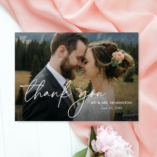 Carte De Remerciements Moderne Élégant Simple Script Deux Photo Mariage