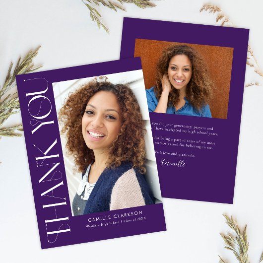 Carte De Remerciements Moderne Elégant Vertical Deux Photo Graduation