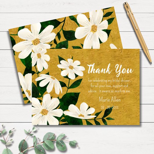 Carte De Remerciements Moderne floral blanc | Fête de mariage en or