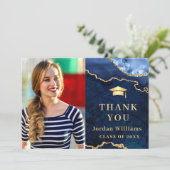 Carte De Remerciements Moderne Golden Blue Marble Agate Graduation (Debout devant)