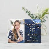 Carte De Remerciements Moderne Golden Blue Marble Agate RN Graduation (Debout devant)