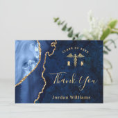 Carte De Remerciements Moderne Golden Blue Marble Agate RN Graduation (Debout devant)