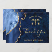 Carte De Remerciements Moderne Golden Blue Marble Agate RN Graduation (Devant / Derrière)