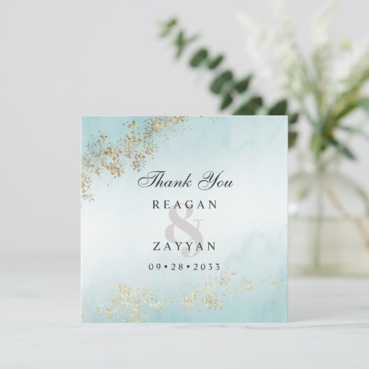 Carte De Remerciements Moderne Luxe Gold Flecks Turquoise Mist Mariage (Debout devant)