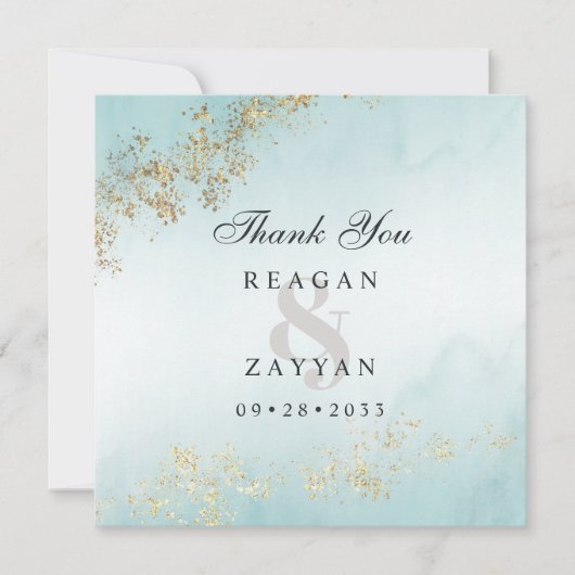 Carte De Remerciements Moderne Luxe Gold Flecks Turquoise Mist Mariage (Devant)