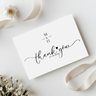 Carte De Remerciements Moderne Mariage à cœur en script minimaliste monog