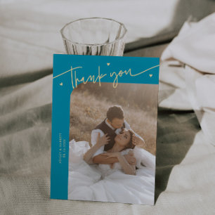 Carte De Remerciements Moderne Mariage Script Heart Aqua Blue