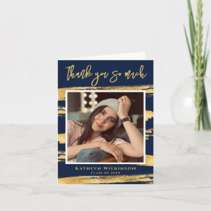 Carte De Remerciements Moderne Marine Bleu Gold Script Chic Photo Graduat
