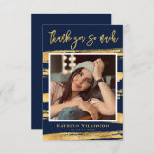 Carte De Remerciements Moderne Marine Bleu Gold Script Chic Photo Graduat (Devant / Derrière)