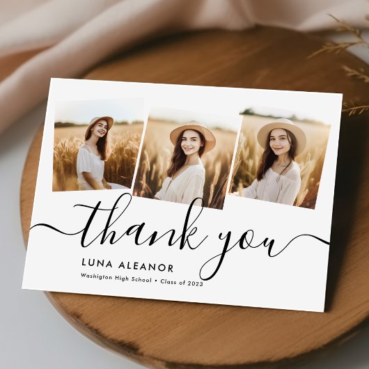 Carte De Remerciements Moderne minimal 4 Photo Collage Script Graduation