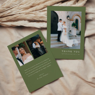 Carte De Remerciements Moderne Minimaliste Olive Verte 3-Photo Mariage Pe