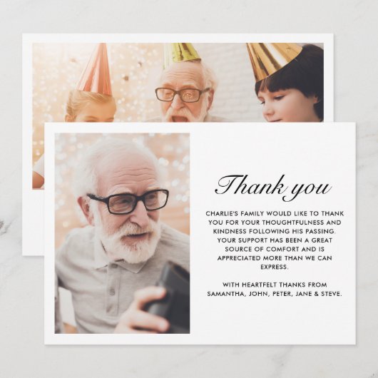 Carte De Remerciements Moderne Noir 2-Photo Élégant Écriture Funéraire (Devant / Derrière)