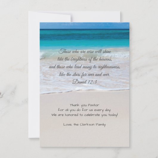 Carte De Remerciements Moderne Pastor Appréciation Plage Scène Scripture (Devant)