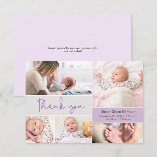 Carte De Remerciements Moderne Purple Baby girl Custom photo collage (Devant / Derrière)
