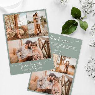 Carte De Remerciements Moderne sauge vert script coeur 6 photos mariage
