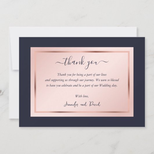 Carte De Remerciements Moderne Script Navy Blue Blush Rose Gold (Devant)