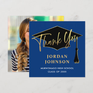 Carte De Remerciements Moderne Simple Golden Navy Blue PHOTO Graduation