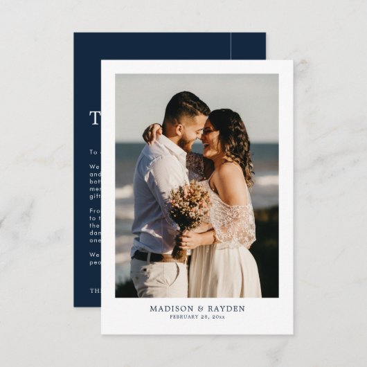 Carte De Remerciements Moderne Simple Navy Blue avec Mariage photo (Devant / Derrière)