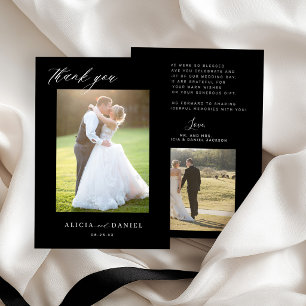 Carte De Remerciements Moderne simple script 2 photos mariage noir