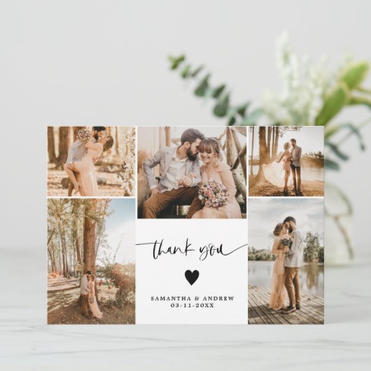 Carte De Remerciements Moderne simple script coeur 5 photos mariage (Debout devant)
