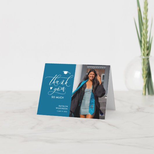 Carte De Remerciements Moderne Turquoise Minimaliste Photo Graduation (Devant)